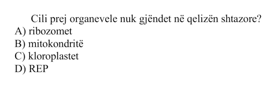 Cili prej organeleve nuk gjendet në qelizën shtazore? A) Ribozomet B) Mitokondritë C) Kloroplastet D) REP