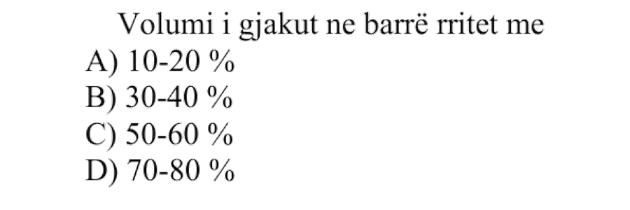 Volumi i gjakut në barrë rritet me: A) \(10\text{-}20\%\) B) \(30\text{-}40\%\) C) \(50\text{-}60\%\) D) \(70\text{-}80\%\)