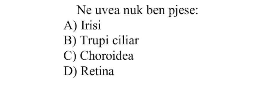 Në uvea nuk bën pjesë: A) Irisi B) Trupi ciliar C) Choroidea D) Retina