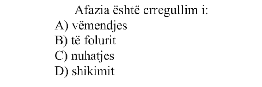 Afazia është çrregullim i: A) Vëmendjes B) Të folurit C) Nuhatjes D) Shikimit